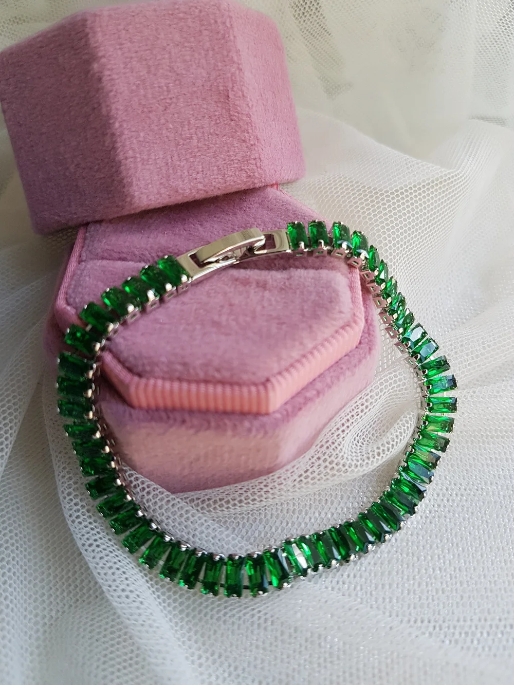 Swarovski Elements Silver Emerald Green Emerald-cut Baguette Tennis Bracelet NEW
